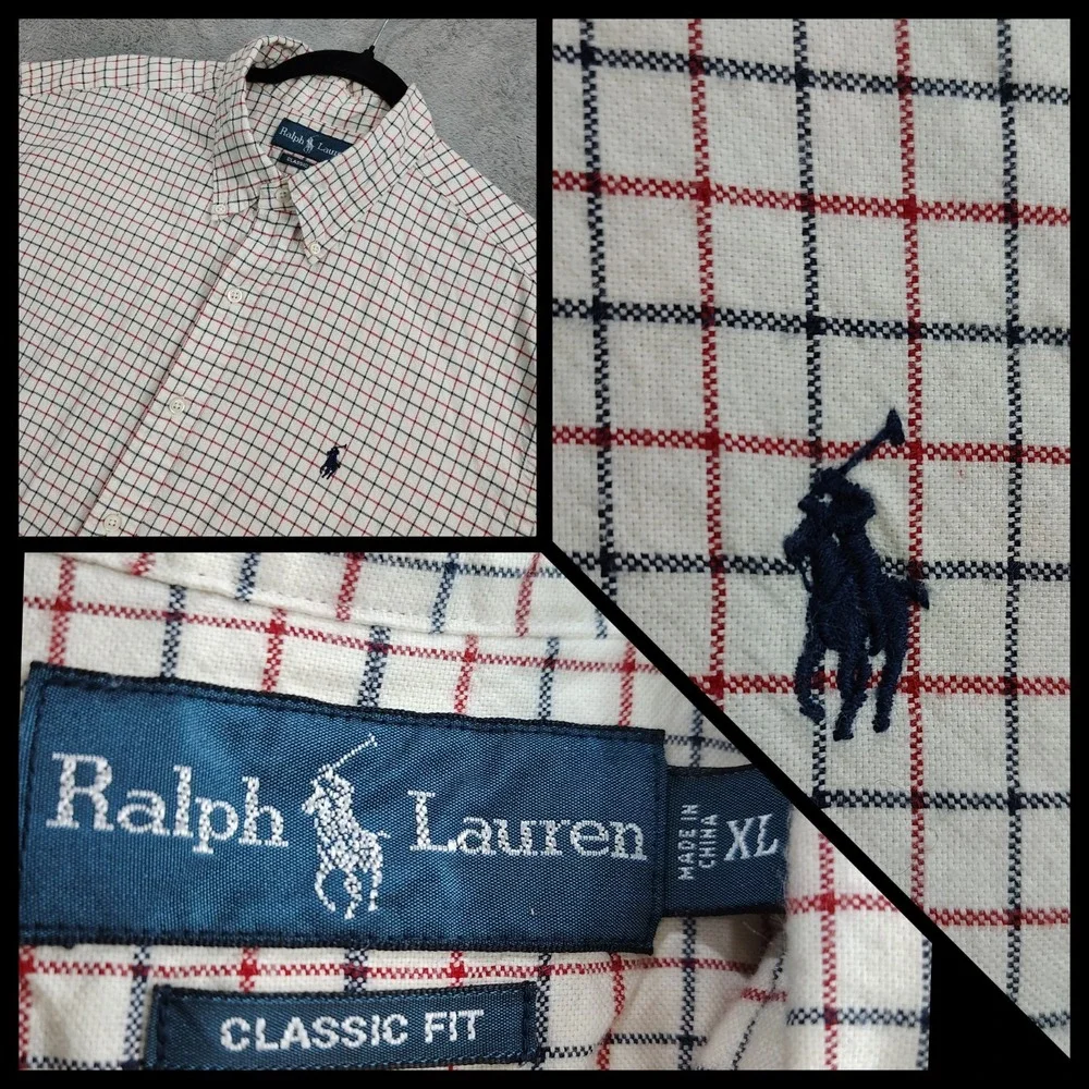 Polo Ralph Lauren Custom Fit‎ Men's XL Ivory Blue Red Check Cotton Button Down